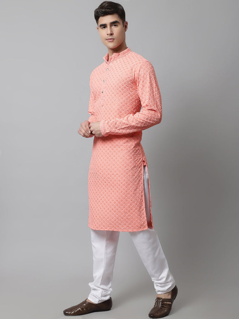 Men Peach Chikankari Embroidered and Sequence Kurta with Churidar ( JOKP 678Peach )