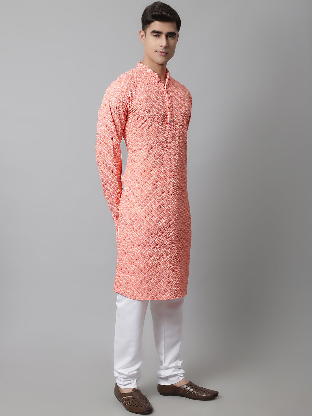 Men Peach Chikankari Embroidered and Sequence Kurta with Churidar ( JOKP 678Peach )