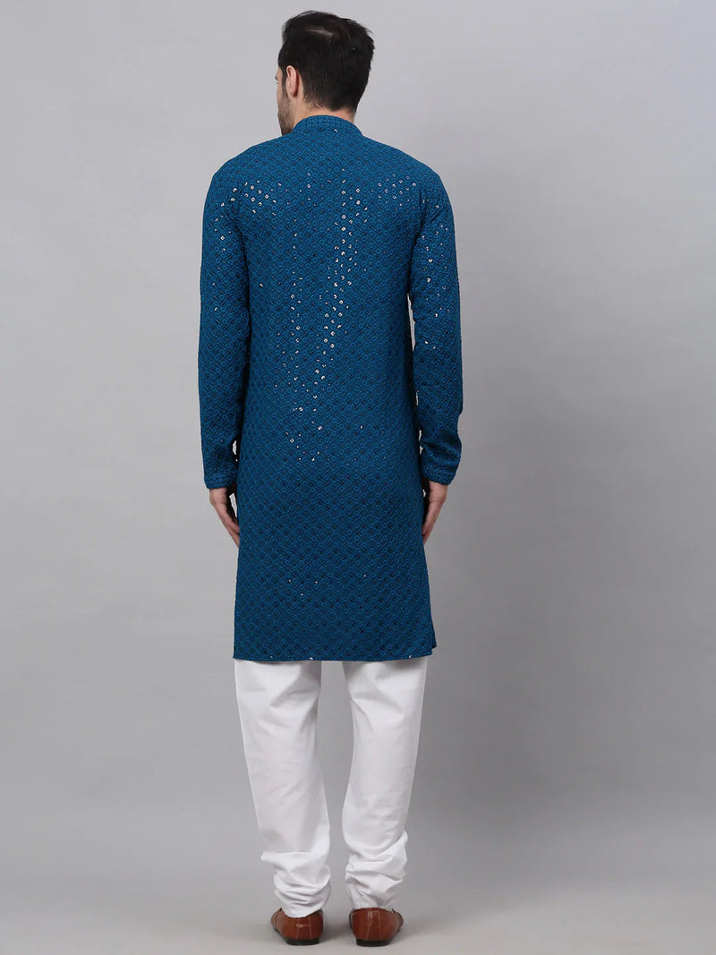 Men Blue Chikankari Embroidered and Sequence Kurta with Churidar ( JOKP 678 Peacock )