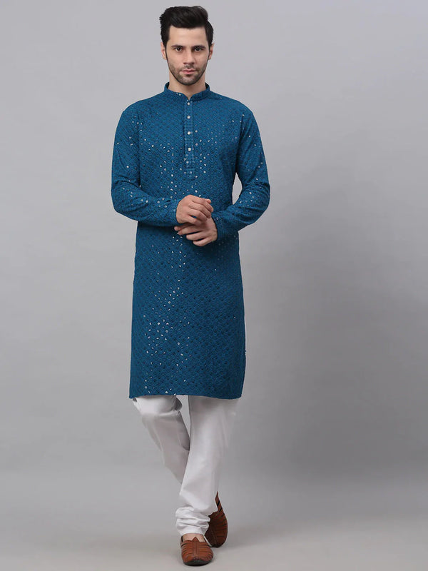 Men Blue Chikankari Embroidered and Sequence Kurta with Churidar ( JOKP 678 Peacock )