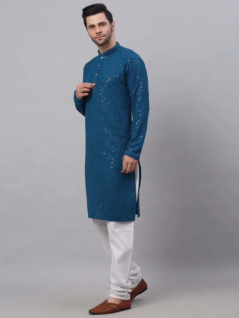 Men Blue Chikankari Embroidered and Sequence Kurta with Churidar ( JOKP 678 Peacock )