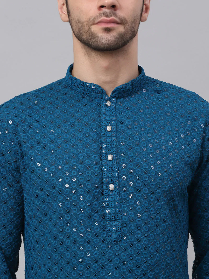 Men Blue Chikankari Embroidered and Sequence Kurta with Churidar ( JOKP 678 Peacock )