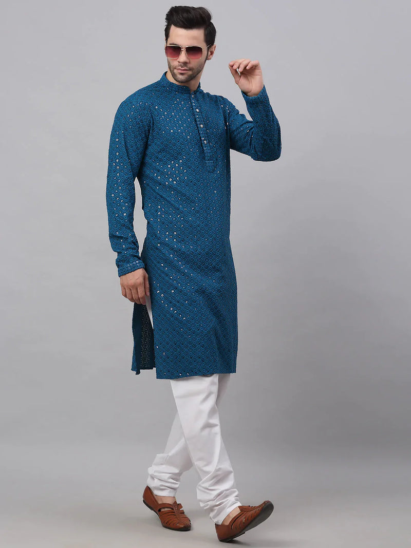 Men Blue Chikankari Embroidered and Sequence Kurta with Churidar ( JOKP 678 Peacock )