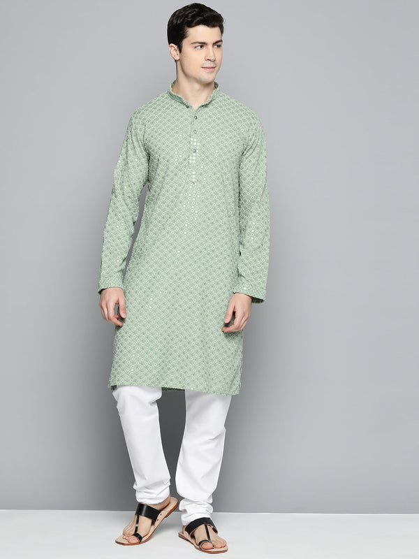 Men Pista Green Chikankari Embroidered and Sequence Kurta with Churidar