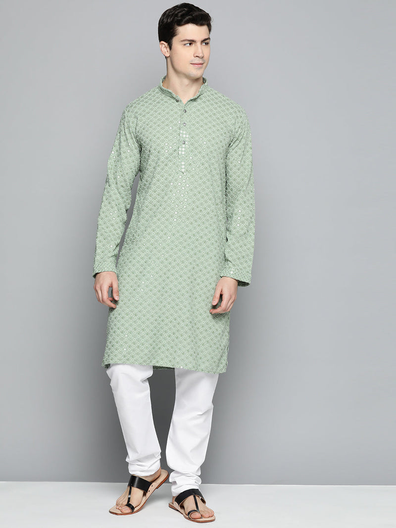 Men Pista Green Chikankari Embroidered and Sequence Kurta with Churidar