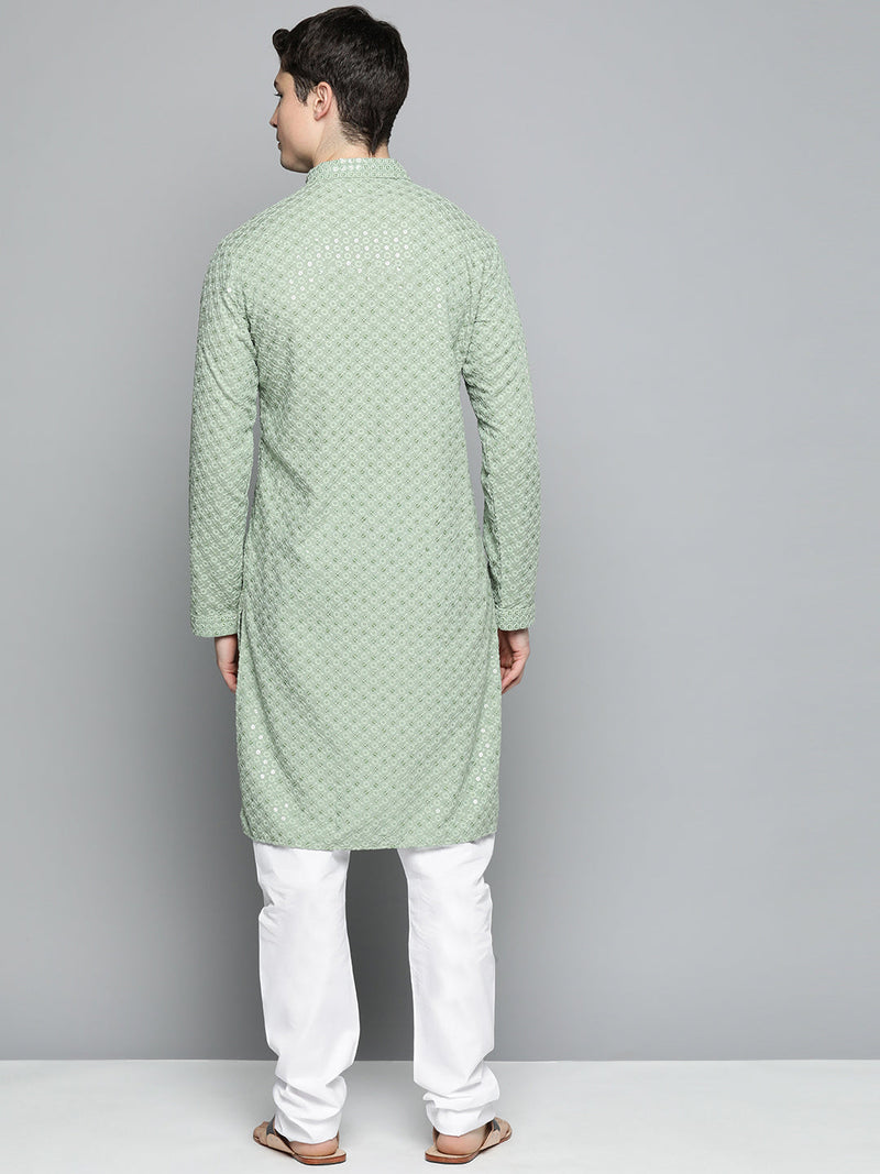 Men Pista Green Chikankari Embroidered and Sequence Kurta with Churidar