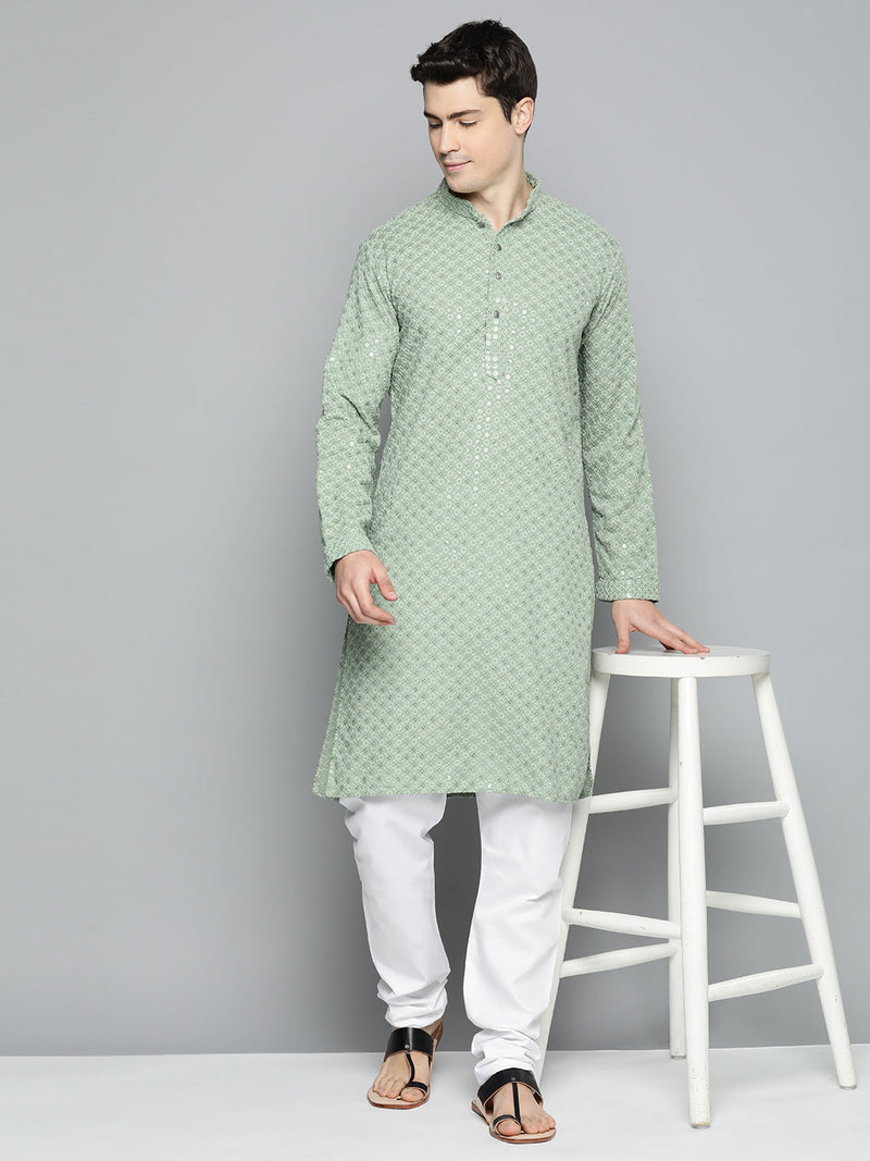 Men Pista Green Chikankari Embroidered and Sequence Kurta with Churidar