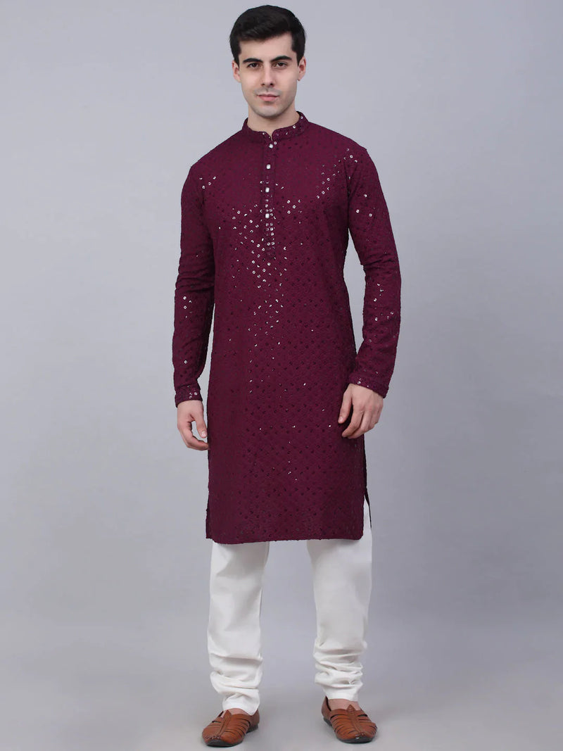 Men Purple Chikankari Embroidered and Sequence Kurta with Churidar ( JOKP 678 Purple )