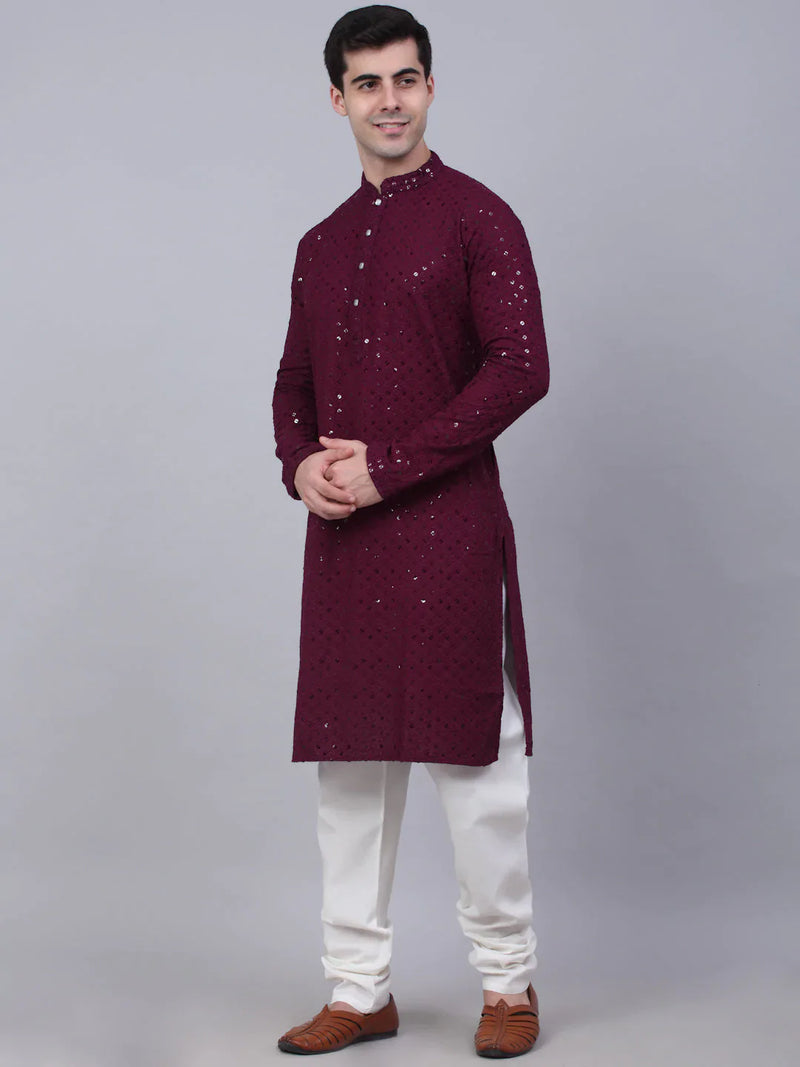 Men Purple Chikankari Embroidered and Sequence Kurta with Churidar ( JOKP 678 Purple )