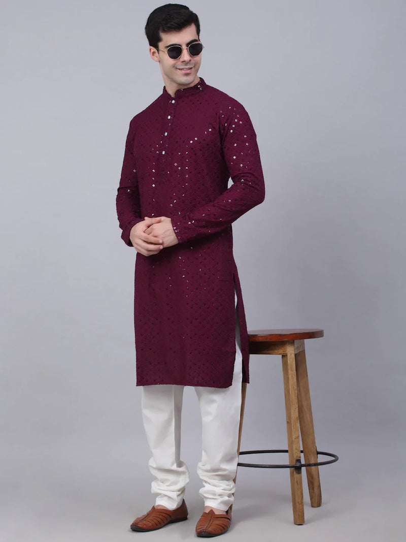 Men Purple Chikankari Embroidered and Sequence Kurta with Churidar ( JOKP 678 Purple )