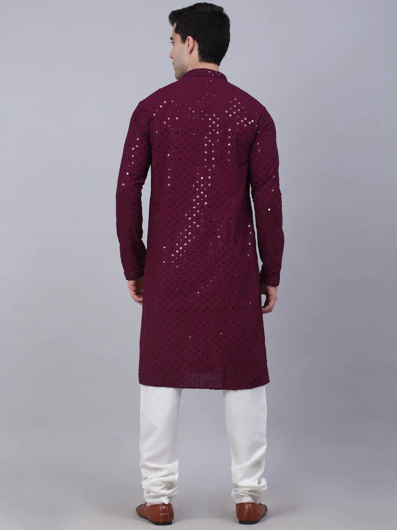 Men Purple Chikankari Embroidered and Sequence Kurta with Churidar ( JOKP 678 Purple )