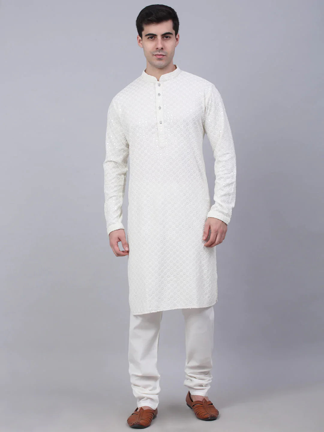 Men White Chikankari Embroidered and Sequence Kurta with Churidar ( JOKP 678 White )