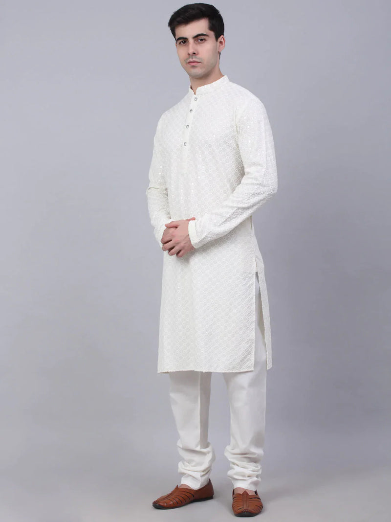 Men White Chikankari Embroidered and Sequence Kurta with Churidar ( JOKP 678 White )