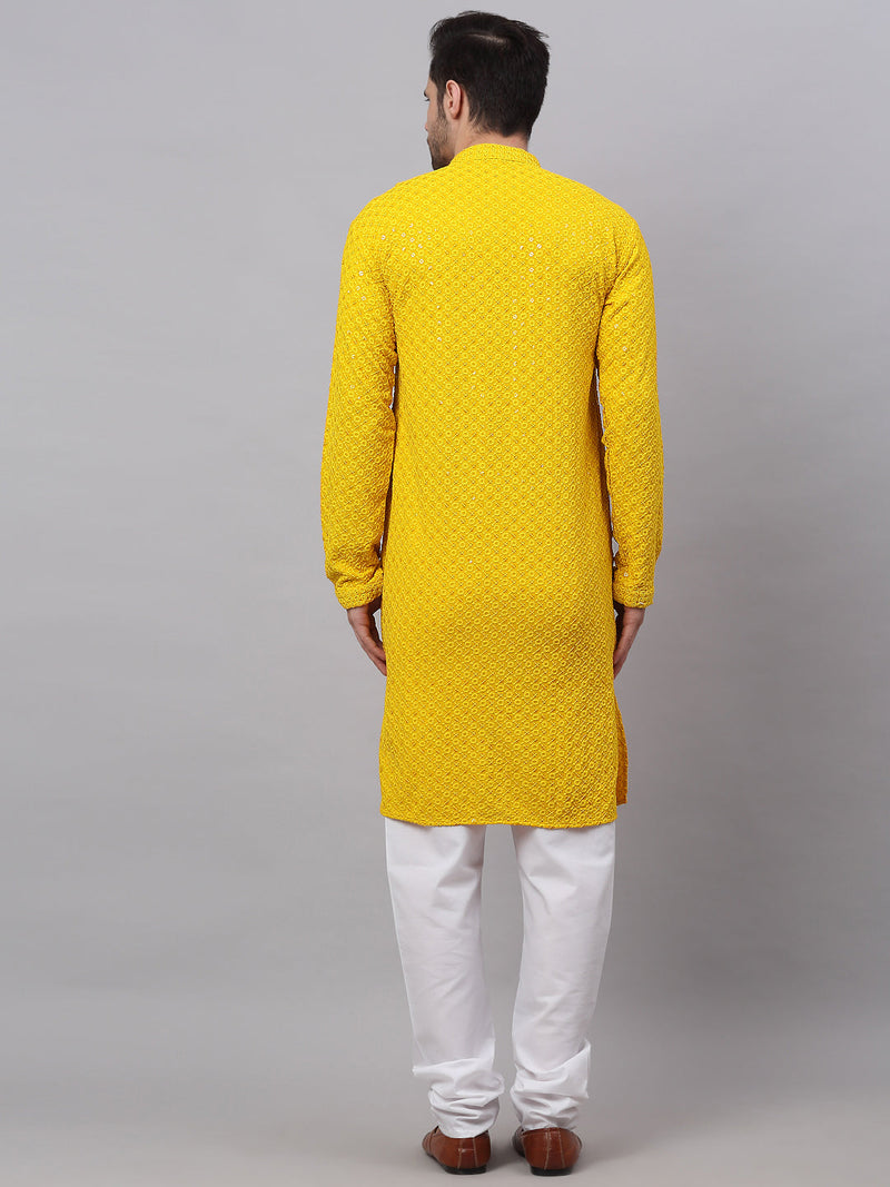 Men Yellow Chikankari Embroidered and Sequence Kurta with Churidar ( JOKP 678Yellow )