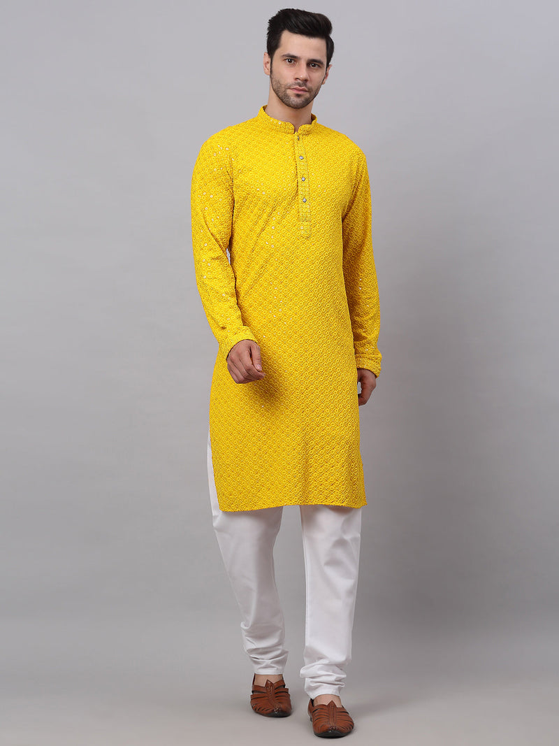 Men Yellow Chikankari Embroidered and Sequence Kurta with Churidar ( JOKP 678Yellow )