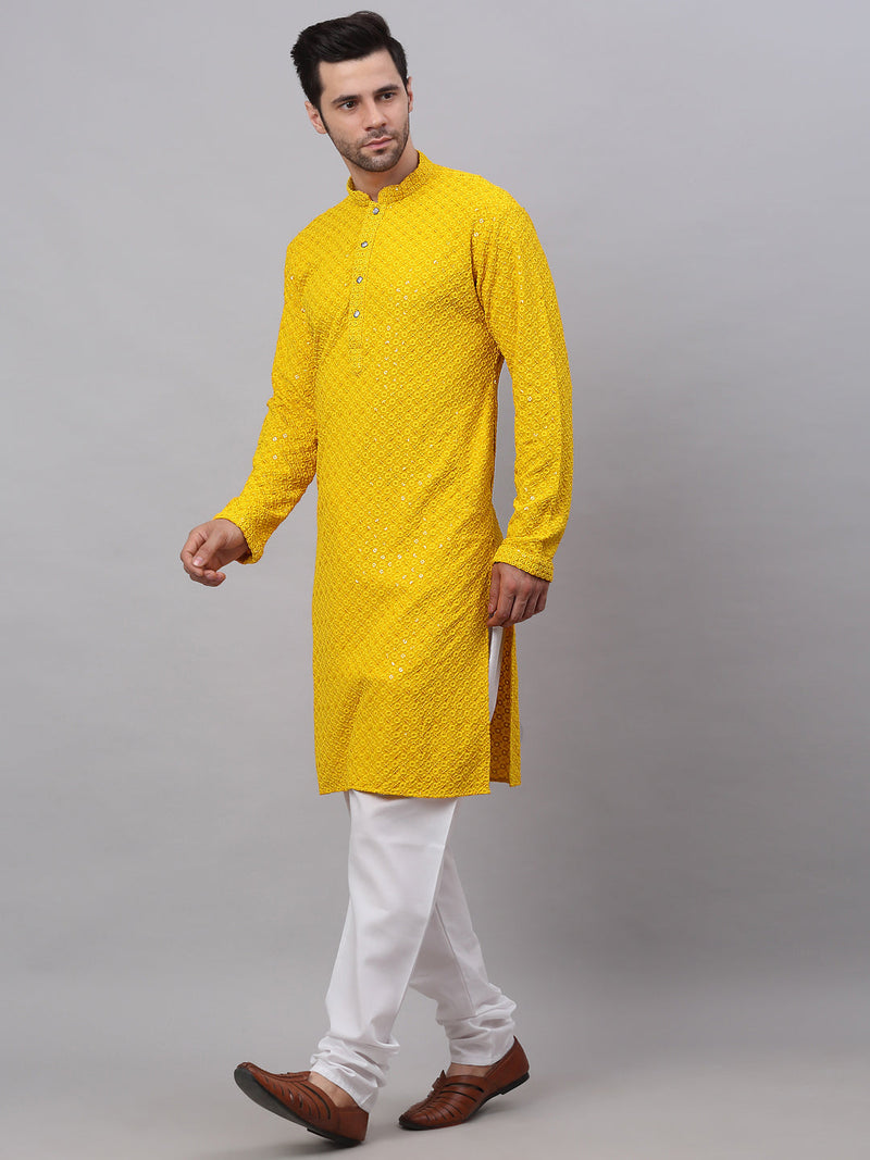 Men Yellow Chikankari Embroidered and Sequence Kurta with Churidar ( JOKP 678Yellow )