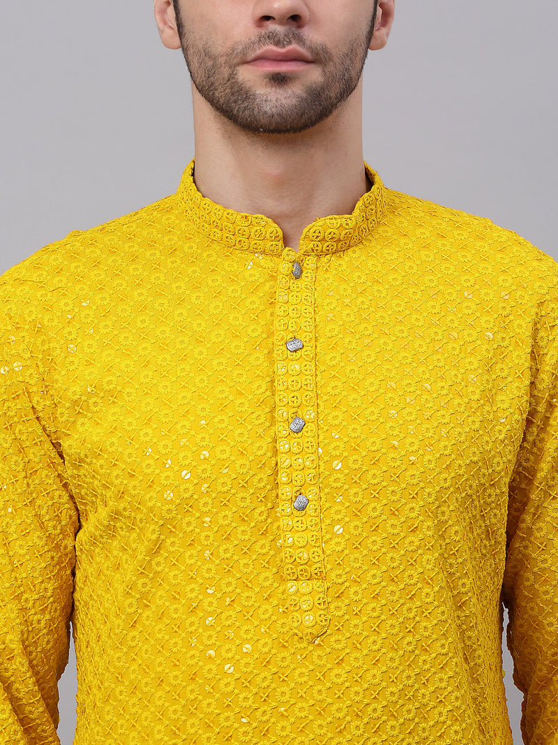 Men Yellow Chikankari Embroidered and Sequence Kurta with Churidar ( JOKP 678Yellow )