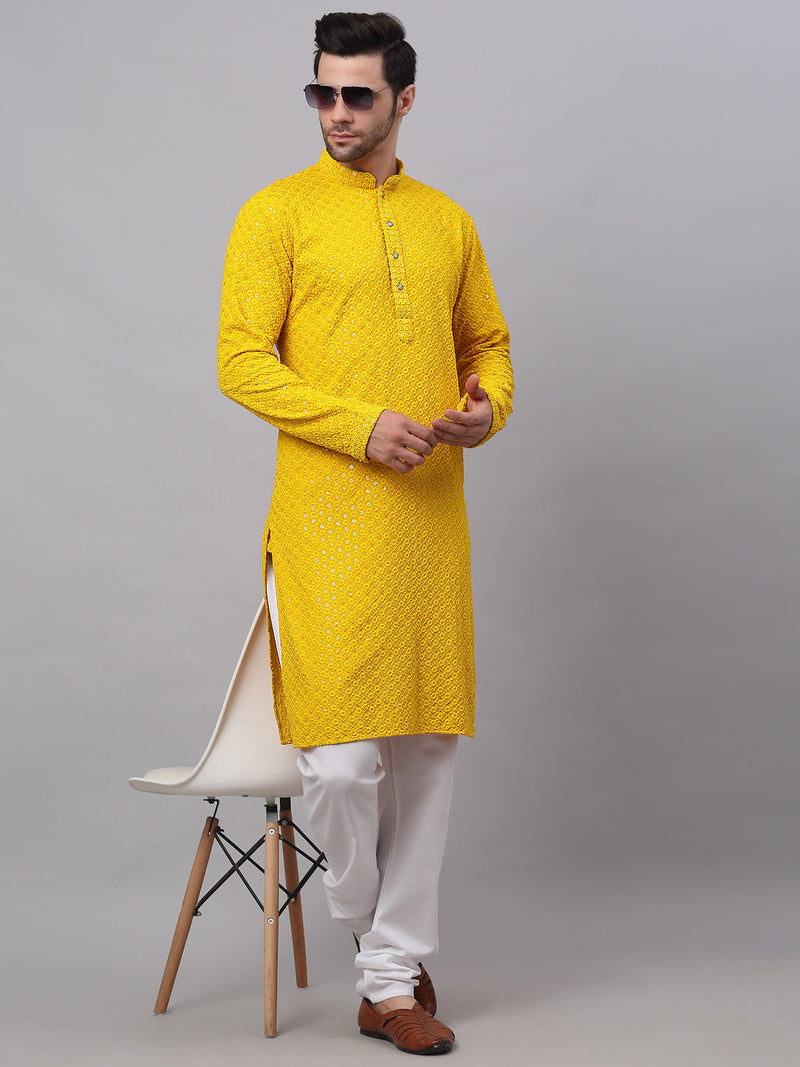 Men Yellow Chikankari Embroidered and Sequence Kurta with Churidar ( JOKP 678Yellow )