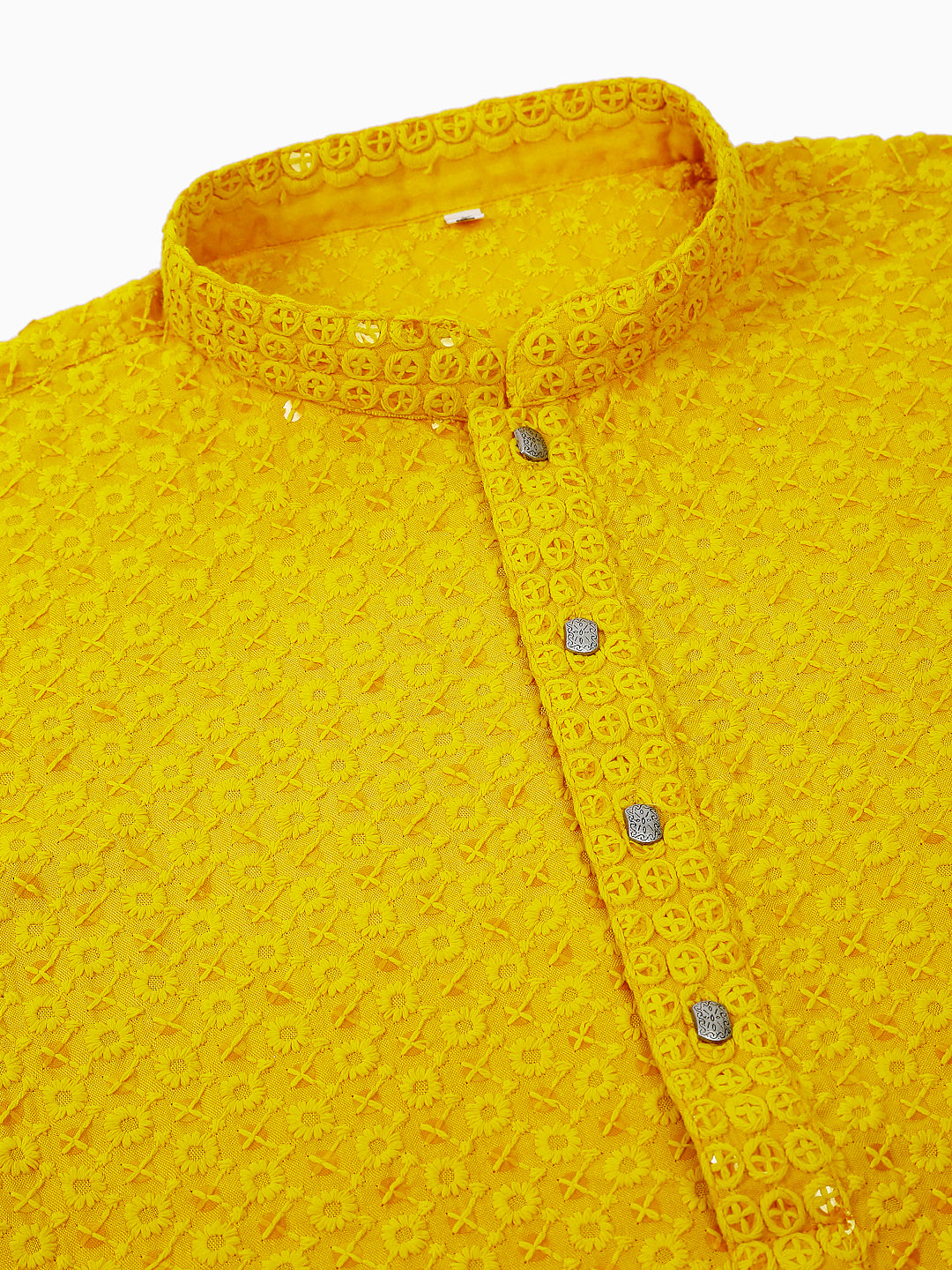 Men Yellow Chikankari Embroidered and Sequence Kurta with Churidar ( JOKP 678Yellow )