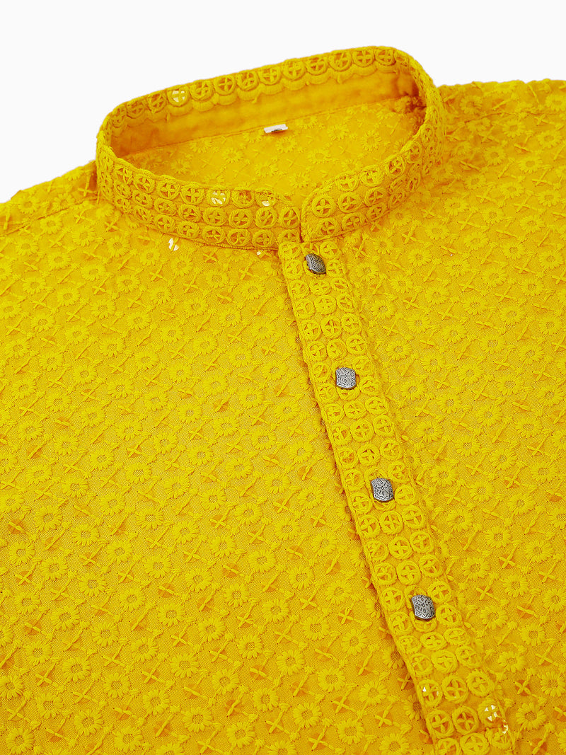 Men Yellow Chikankari Embroidered and Sequence Kurta with Churidar ( JOKP 678Yellow )