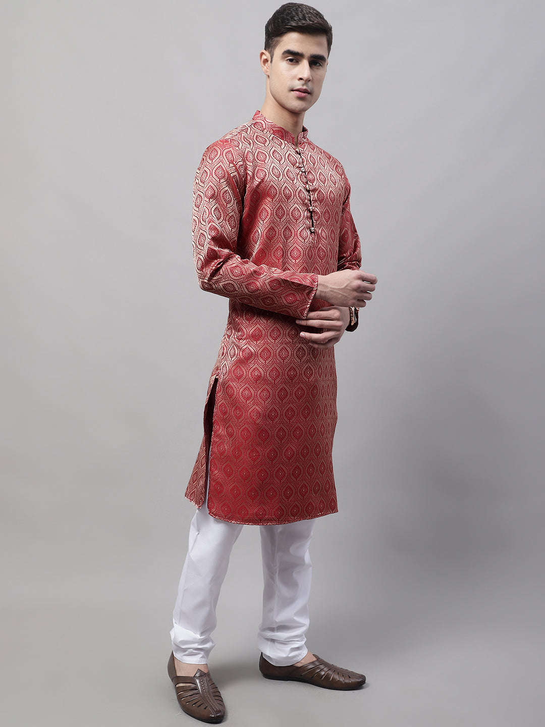Men Ethnic Maroon Woven Design Kurta with Pyjamas