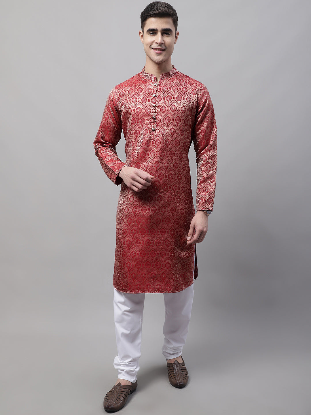 Men Ethnic Maroon Woven Design Kurta with Pyjamas
