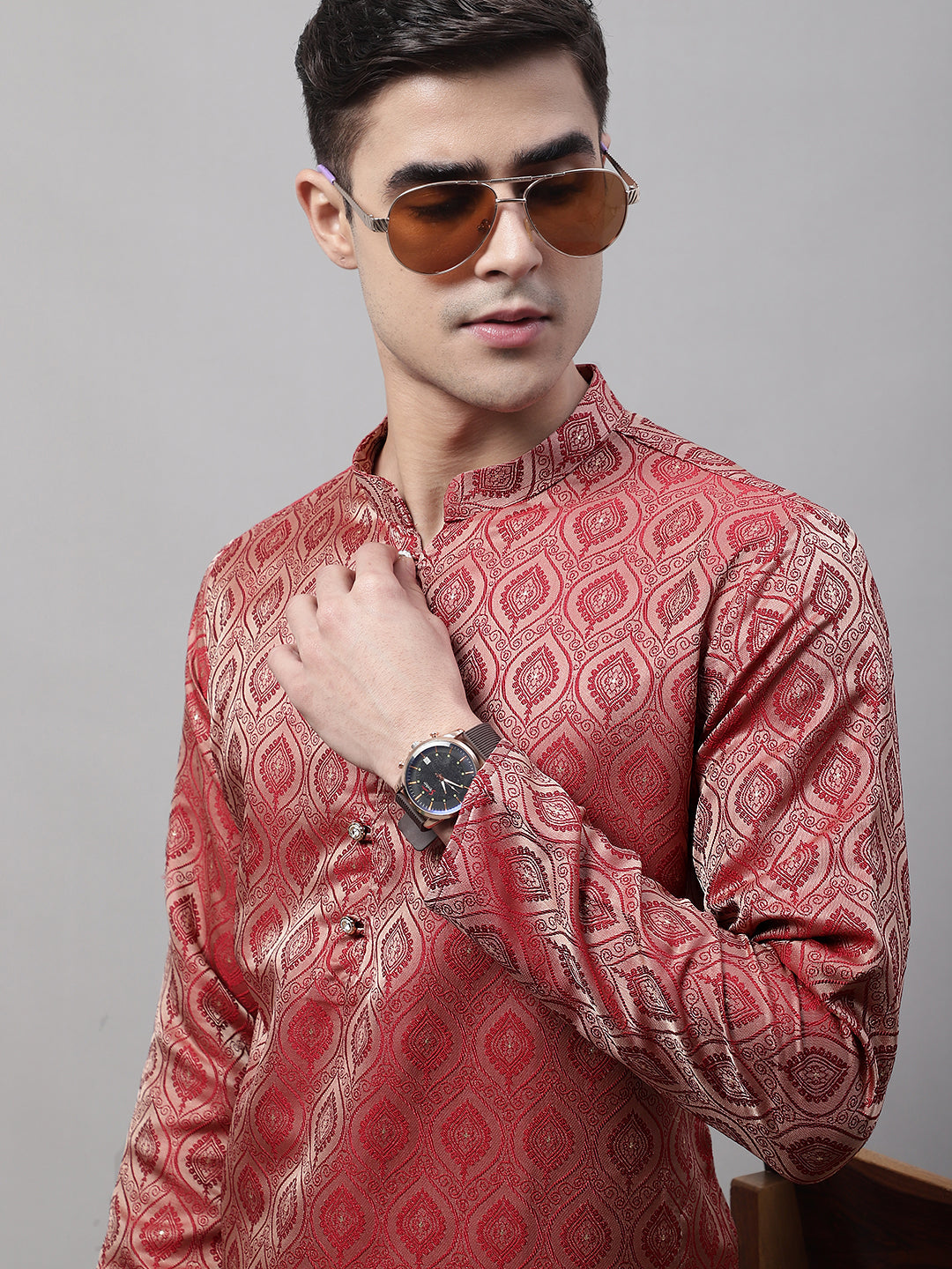 Men Ethnic Maroon Woven Design Kurta with Pyjamas