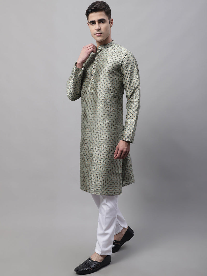 Men's Green Printed Silk Blend Kurta Payjama