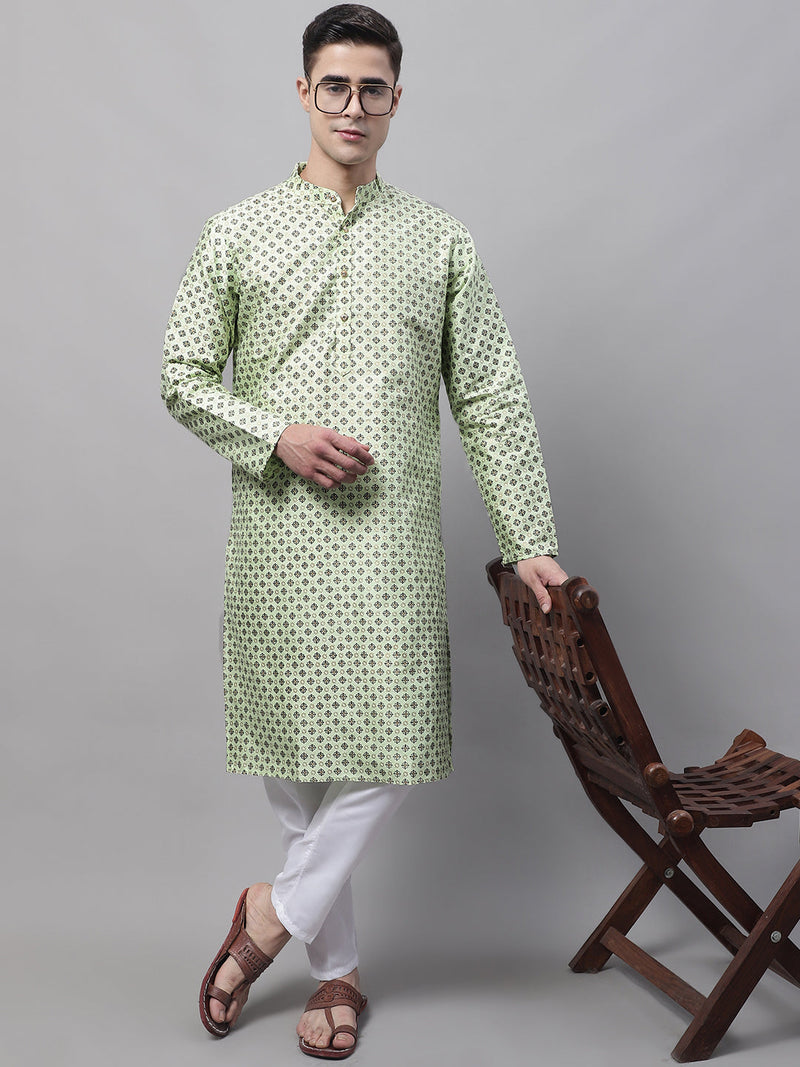 Men's Pista Green Printed Silk Blend Kurta Payjama