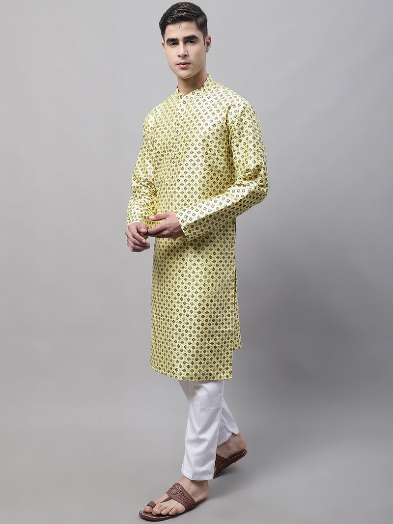 Men's Yellow Printed Silk Blend Kurta Payjama