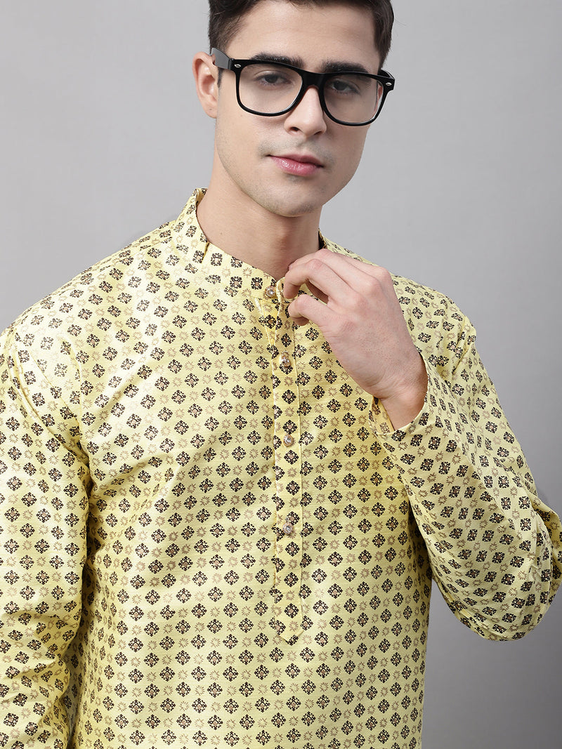 Men's Yellow Printed Silk Blend Kurta Payjama