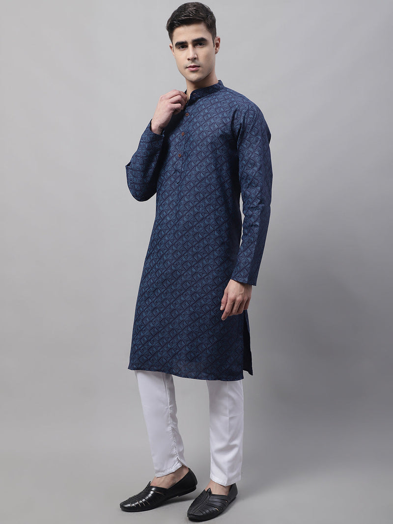 Men's Navy Blue Printed Pure Cotton Kurta Payjama Set