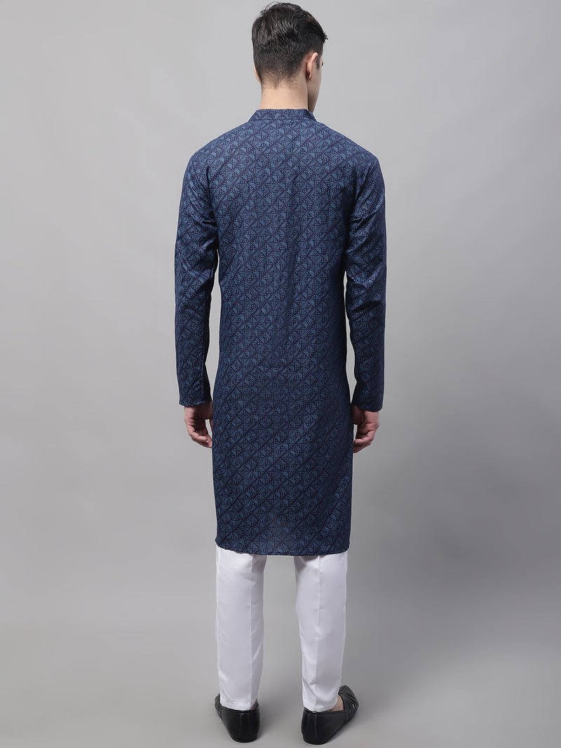 Men's Navy Blue Printed Pure Cotton Kurta Payjama Set