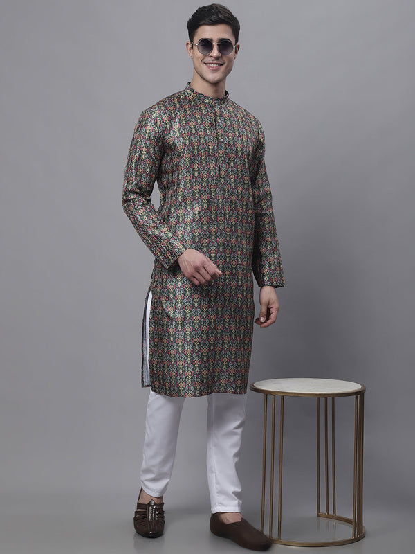 Men's Olive Green Digital Printed Kurta Pyjama Set