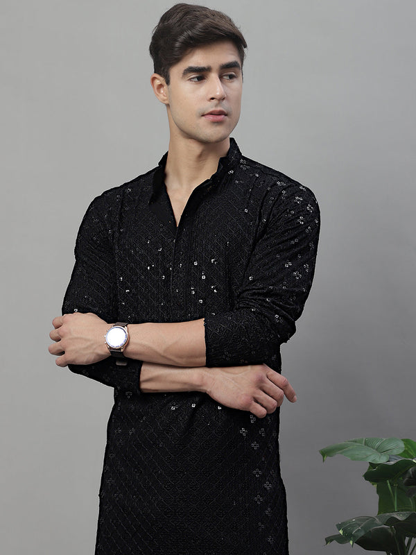 Men's Black Chikankari Embroidered and Sequence Kurtas