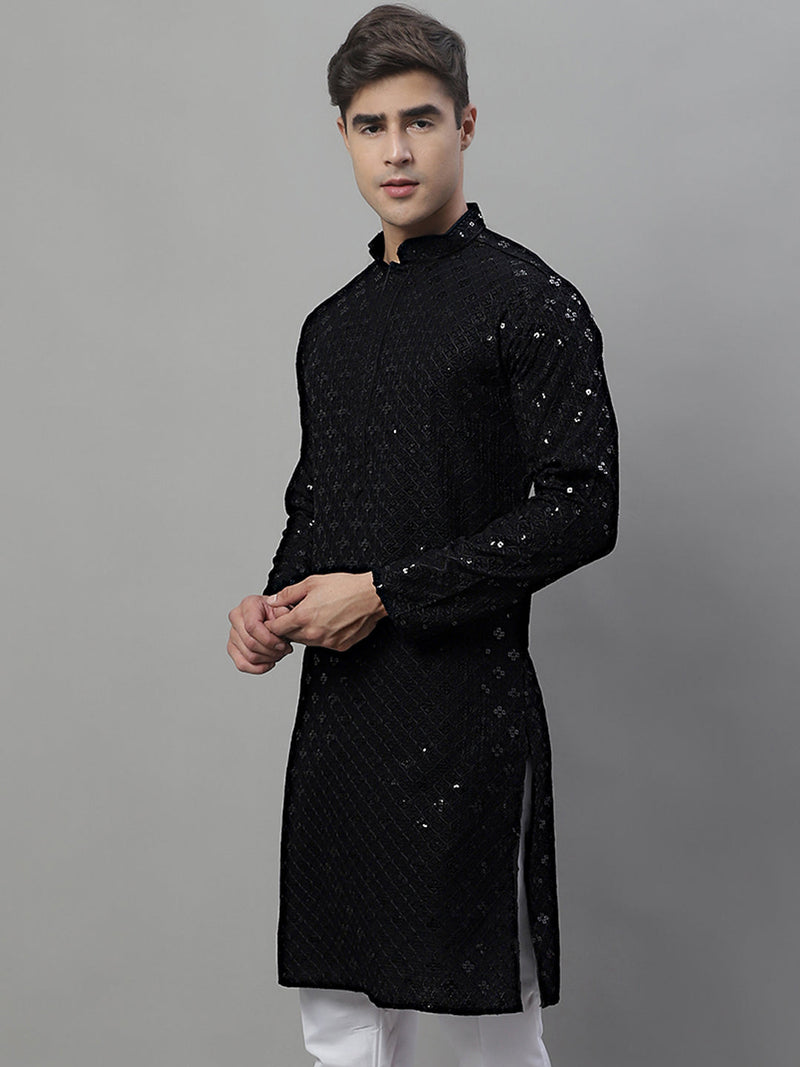 Men's Black Chikankari Embroidered and Sequence Kurtas