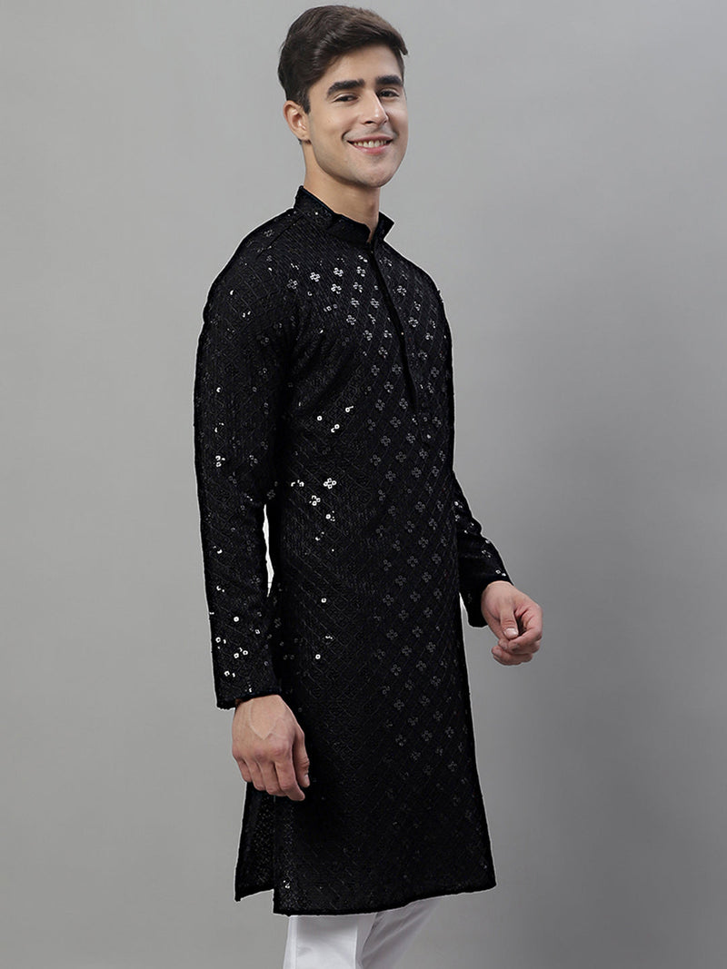 Men's Black Chikankari Embroidered and Sequence Kurtas