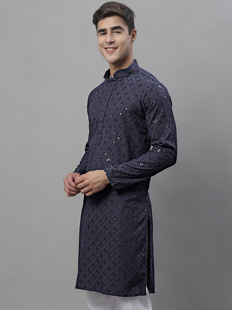 Men's Grey Chikankari Embroidered and Sequence Kurtas