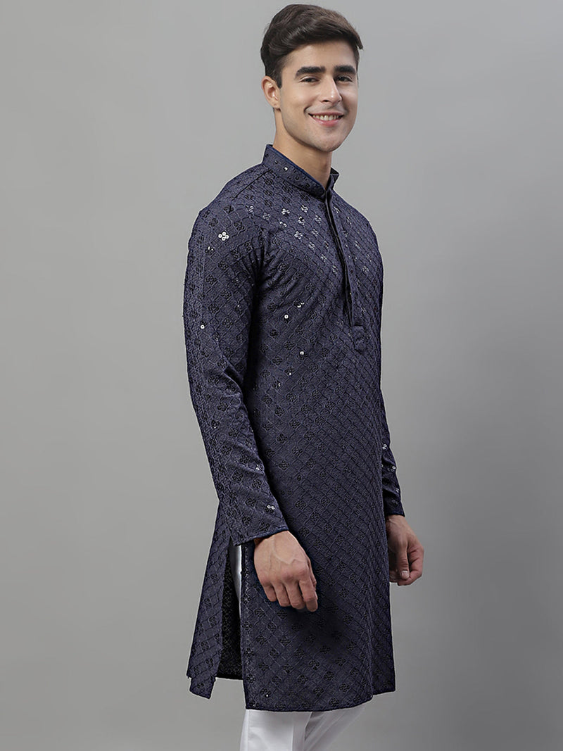 Men's Grey Chikankari Embroidered and Sequence Kurtas