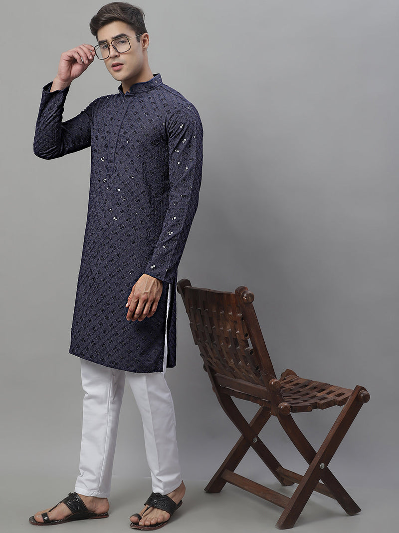 Men's Grey Chikankari Embroidered and Sequence Kurtas