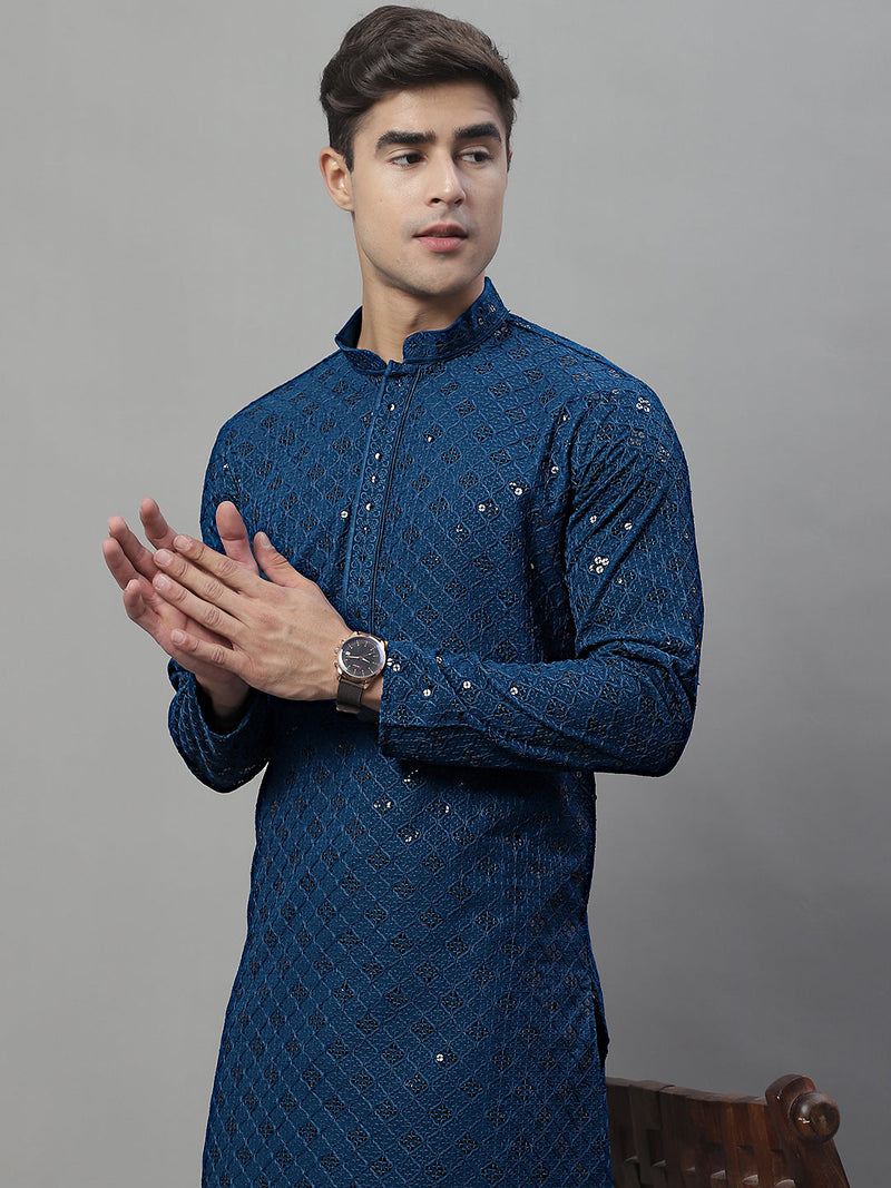 Men's Peacock Blue Chikankari Embroidered and Sequence Kurtas