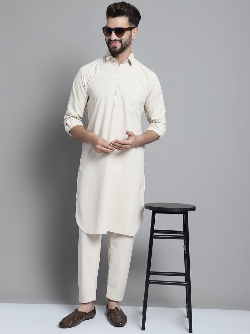 Men's Cream Cotton Solid Pathani Kurta with Salwar