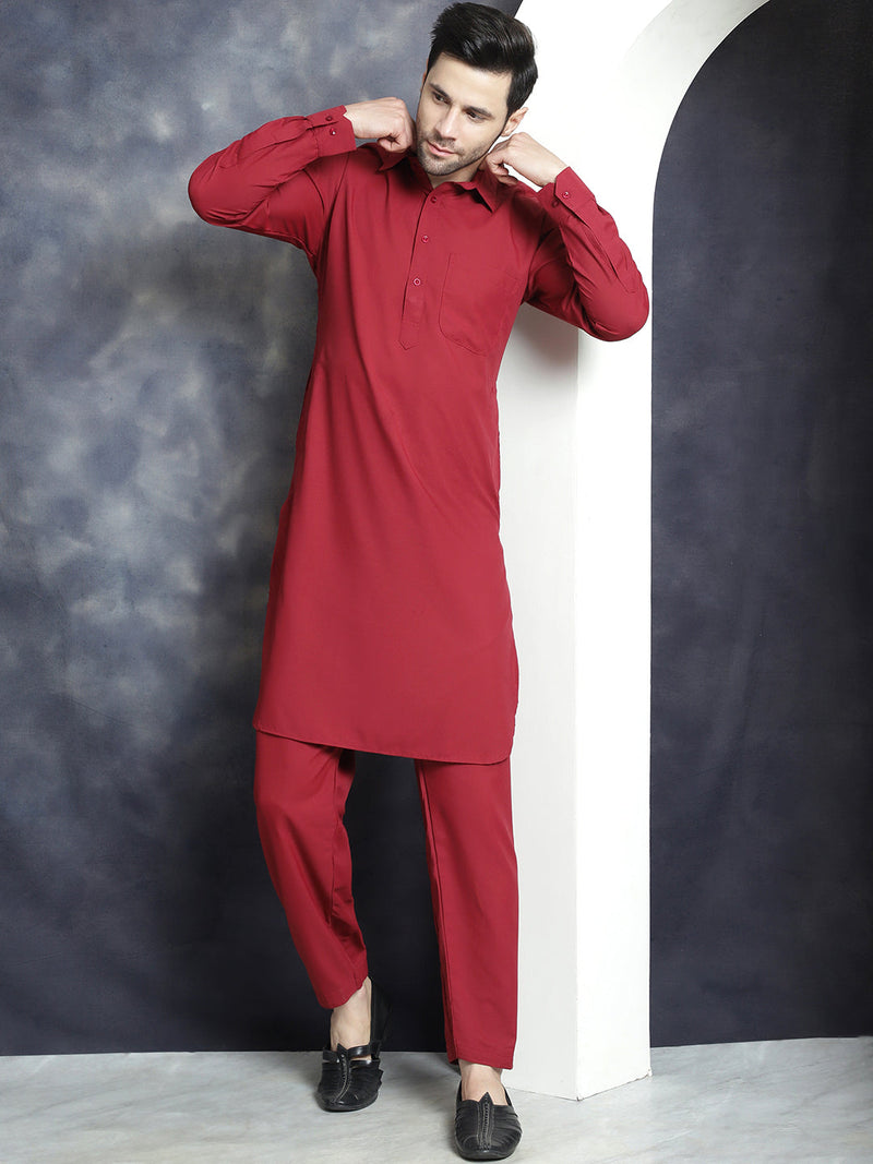 Men's Solid Pathani Kurta with Salwar ( JOKP 696Maroon )