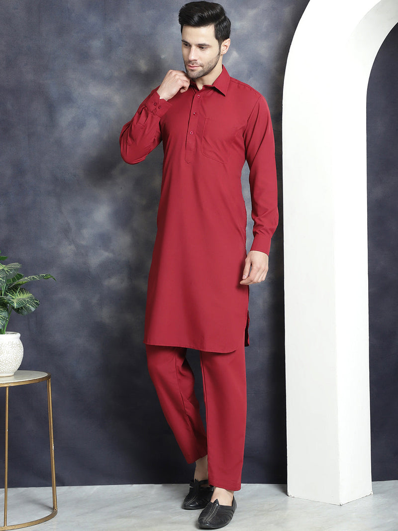 Men's Solid Pathani Kurta with Salwar ( JOKP 696Maroon )