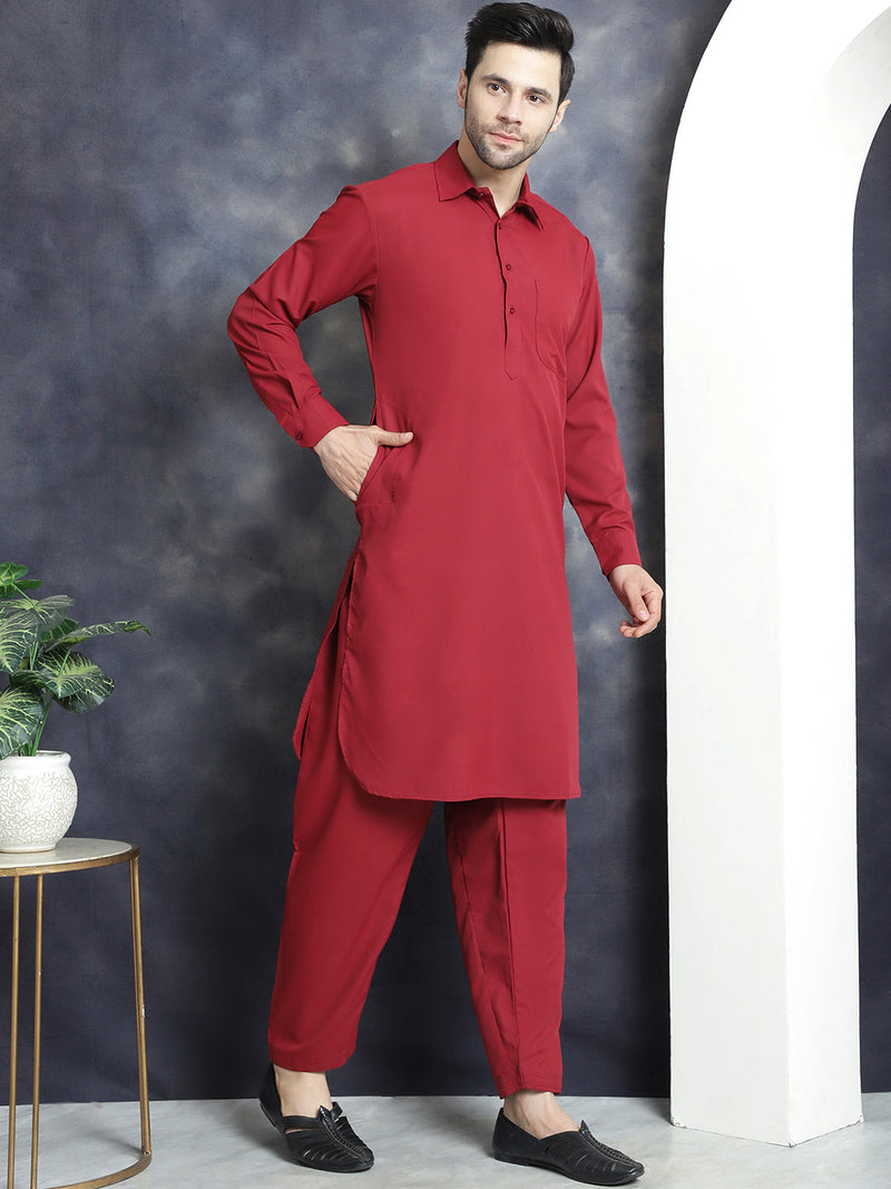 Men's Solid Pathani Kurta with Salwar ( JOKP 696Maroon )