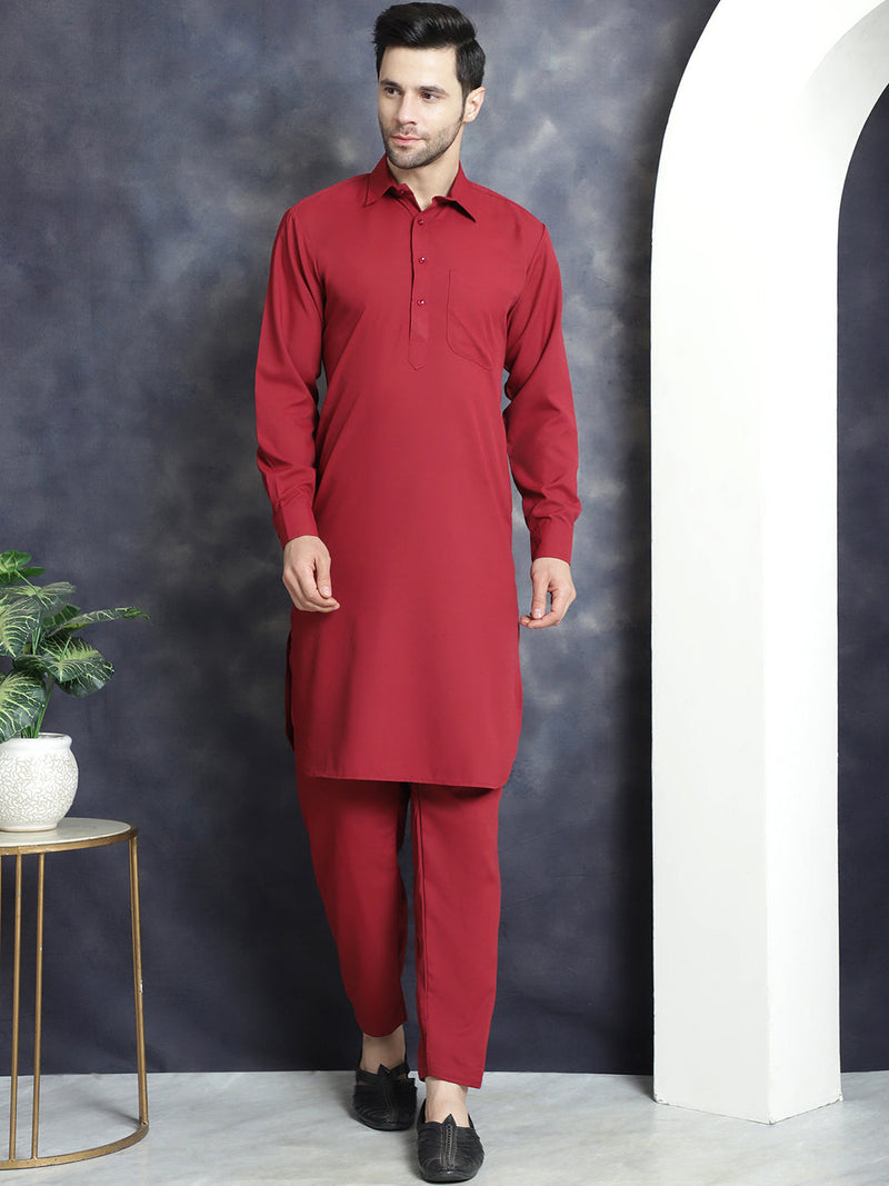 Men's Solid Pathani Kurta with Salwar ( JOKP 696Maroon )