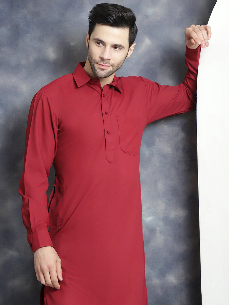 Men's Solid Pathani Kurta with Salwar ( JOKP 696Maroon )