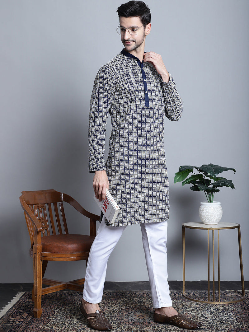 Men's Navy Blue Embroidered Kurta with Pyjama