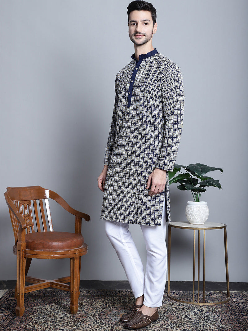 Men's Navy Blue Embroidered Kurta with Pyjama