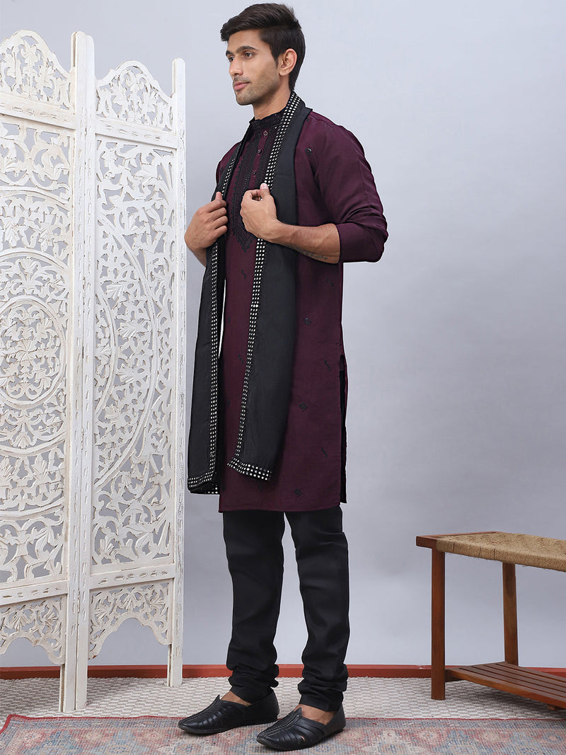 Sequins Embroidered Kurta Pyjama and Dupatta Set for Men